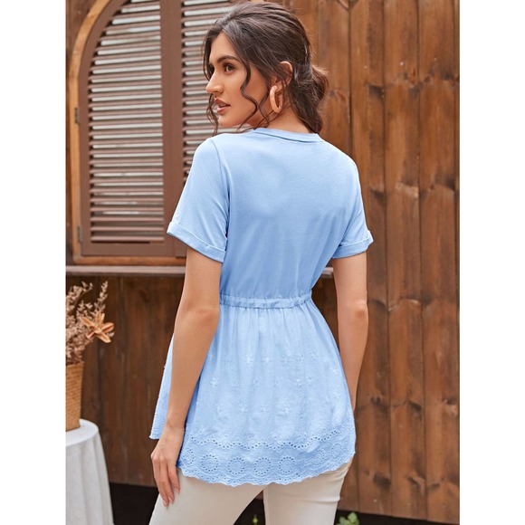 Maternity Drawstring Eyelet Embroidered short sleeve Tee blue - Picture 2 of 11